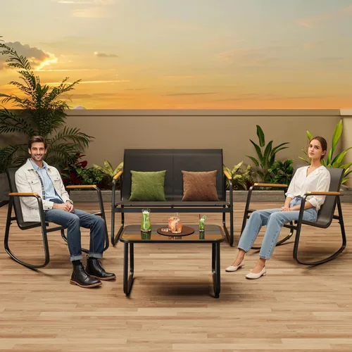 Miniatura 7 de Ahomly - Juego de 4 piezas de muebles de patio, juego de conversación para exteriores de Textilene con 2 sillas mecedoras y mesa de café con tapa