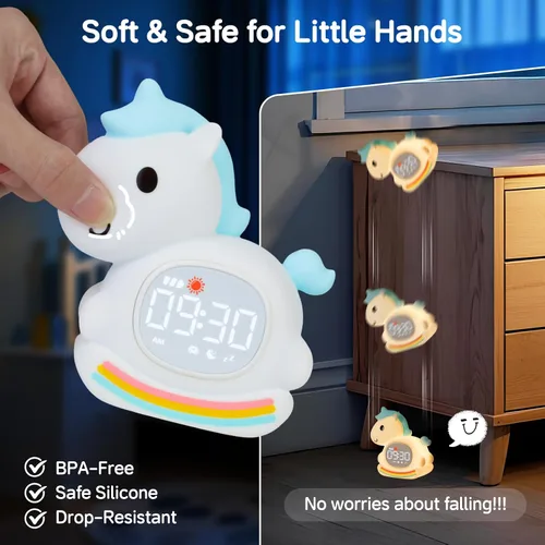 Miniatura 7 de Yiliaw Reloj despertador para niños con luz nocturna, reloj de entrenamiento para dormir, reloj de hora de despertar, luz de silicona recargable