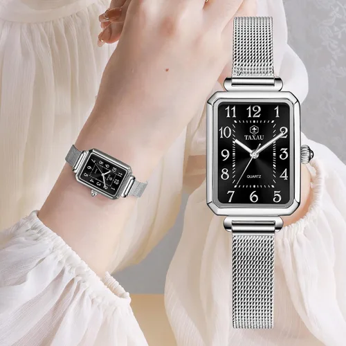Miniatura 7 de Reloj cuadrado para mujer, pulsera de malla de acero inoxidable, rectangular, reloj de vestir para mujer, reloj de pulsera analógico de cuarzo