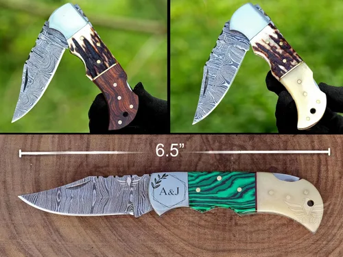 Miniatura 3 de Cuchillo de bolsillo de damasco personalizado para hombres - Cuchillos de caza plegables hechos a mano de acero sólido de 133 capas con afilador