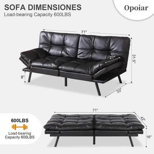 Miniatura 2 de Opoiar Sofá cama tipo futón de cuero negro convertible con espuma viscoelástica, juego de futón plegable y moderno para estudio, Drom, apartamento