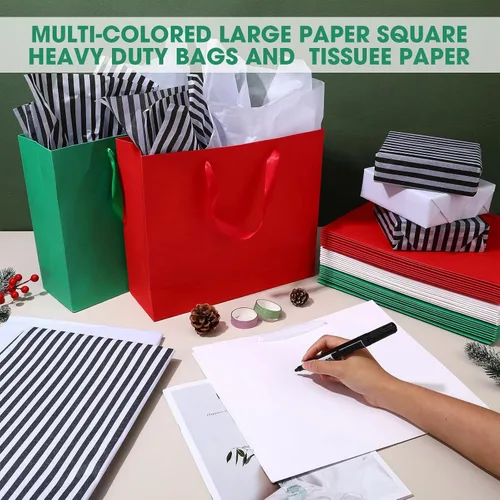 Miniatura 4 de Yeaqee Paquete de 36 bolsas de regalo con asas de cinta, 12.5 x 4.5 x 11 pulgadas, bolsas de regalo grandes, 72 piezas de papel de seda de regalo