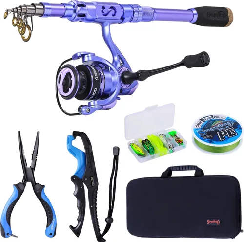 Miniatura 10 de Sougayilang Fishing Rod and Reel Combos Carbon Fiber Telescopic Fishing Pole with Smooth Reel Combo Saltwater Freshwater Kit Kit Completo Púrpura