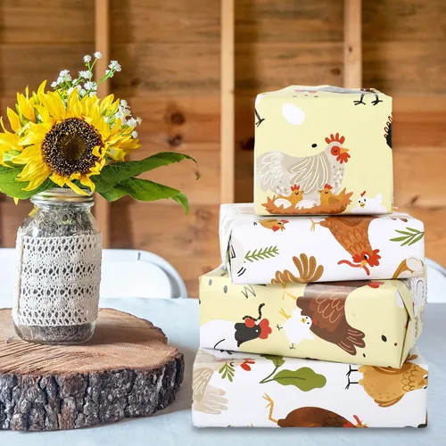 Miniatura 6 de JarThenaAMCS 8 hojas de papel de regalo de animales de granja, no enrollado, papel de regalo de pollo plegado plano para manualidades, baby shower