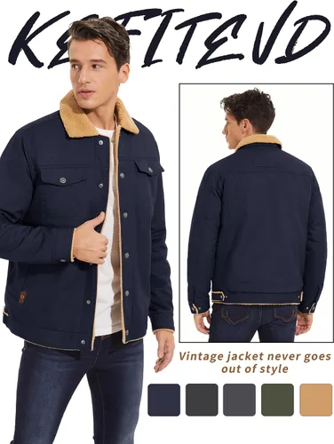 Miniatura 5 de KEFITEVD Chaqueta de forro polar de invierno para hombre, chaqueta tipo cargo con forro sherpa, abrigo casual de camionero, abrigo grueso y cálido