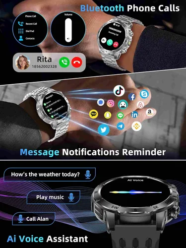 Miniatura 7 de KPEP Military Watch with 2 Bands (Answer/Make Call), 123+ Sport Modes, IP68 Waterproof Running Watch with Stress/SpO2/Heart Rate Monitor for Android