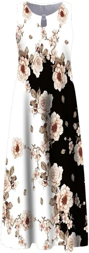 Miniatura 5 de Vestidos para mujer, cuello redondo, sin mangas, maxivestido suelto, liso, casual, con bolsillos