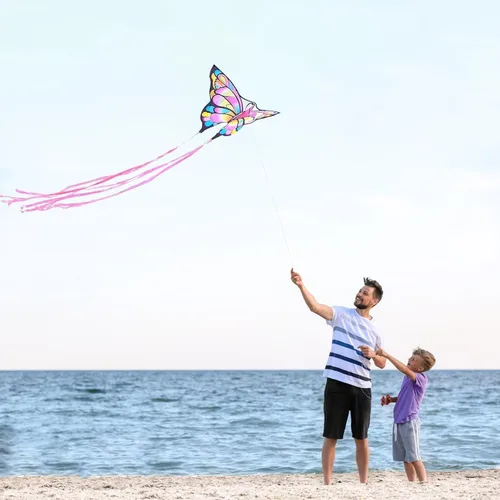 Miniatura 3 de Simxkai Cometa de mariposa para niños y adultos, fácil de volar azul cometa grande para principiantes, mango de línea incluido