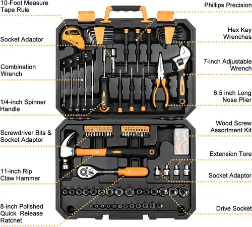 Miniatura 2 de DEKO PRO Juego de herramientas de 128 piezas, kit de herramientas manuales para el hogar, juego de herramientas de reparación automática, con caja