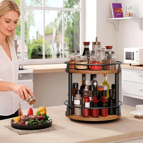 Miniatura 4 de YATINEY Lazy Susan SR22BR - Organizador giratorio para especias, organizador de platos giratorios de 2 niveles, soporte industrial para especias