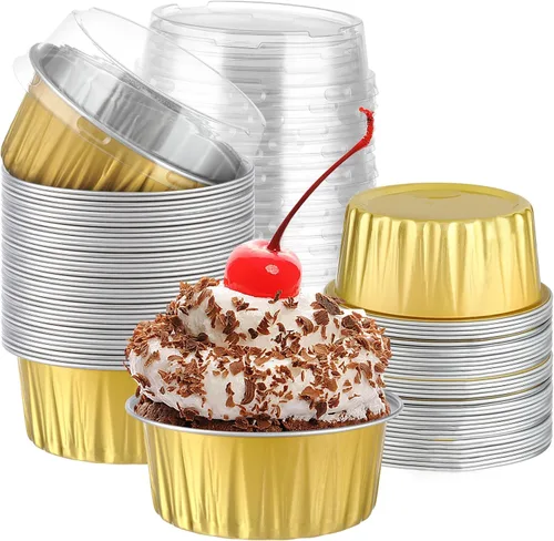 Miniatura 8 de Paquete de 200 recipientes de aluminio para cupcakes, tazas de postre de 5 onzas con tapas, mini moldes para pasteles con tapas para regalo, 100