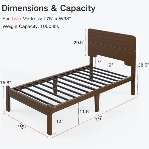 Miniatura 2 de Marco de cama individual de madera de bambú maciza de 14 pulgadas de alto con cabecero, soporte de listones de metal resistente, fácil montaje,