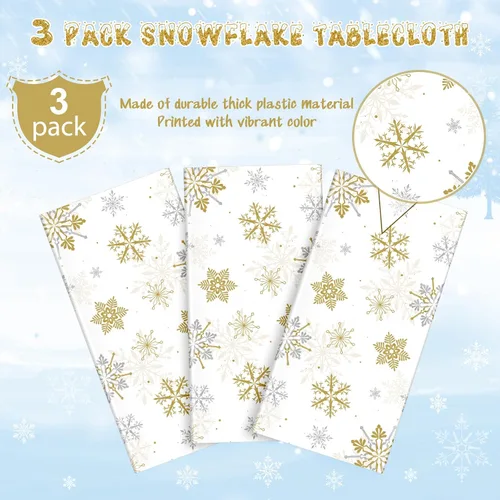 Miniatura 4 de 3 Piezas Decoraciones de Mantel de Fiesta de Plástico con Copos de Nieve de Navidad, Cartel de Fondo Navideño Azul con Copo de Nieve Blanco Cubierta