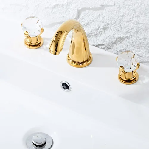 Miniatura 4 de Grifo de lavabo de baño de 3 agujeros montado en la cubierta de latón generalizado grifo de baño manija de cristal grifo mezclador oro Ti-PVD