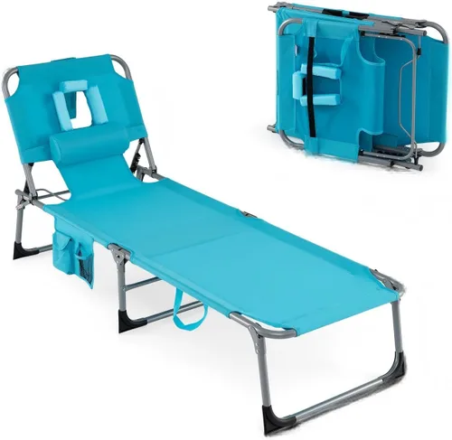 GYMAX Silla bronceadora, tumbona plegable con agujeros para la cara/brazos, asas de transporte y bolsillo lateral, silla de playa portátil con