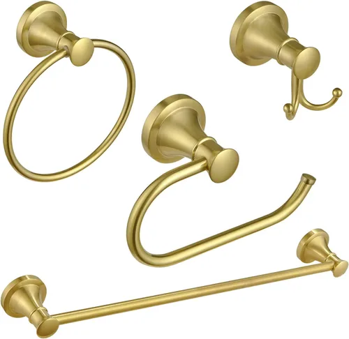 BESy Juego de accesorios de baño de 4 piezas de oro cepillado (barra de toalla individual, anillo de toalla, soporte para papel higiénico, ganchos