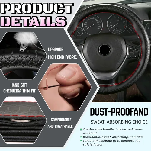 Miniatura 6 de Funda para volante de automóvil, ajuste universal, punto redondo, funda fina de piel sintética cosida en volante de automóvil de 15 pulgadas (negro)