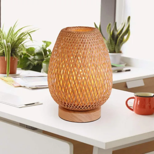 Miniatura 6 de Lámpara de mesa de tejido de bambú con base de madera natural hecha a mano, luz nocturna de noche para dormitorio, lámpara de escritorio retro, luz