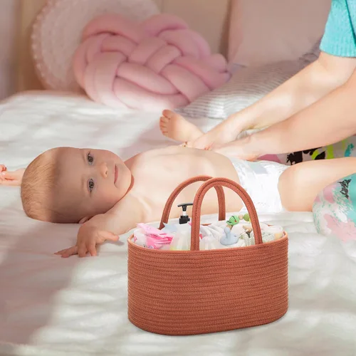 Miniatura 8 de COMSE Organizador grande de pañales para bebé para niña y niño, organizador de automóvil con asas, cesta de cuerda de algodón para cambiador