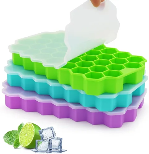 Miniatura 9 de Azyh Bandejas para cubitos de hielo con tapa, paquete de 2 bandejas de silicona para cubitos de hielo con tapa de 37 cuadrículas, fácil liberación