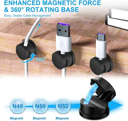 Miniatura 4 de 6 piezas de clips magnéticos para cables, organizador de cables adhesivo giratorio de 360° - Soporte compacto para cables para escritorio, mesita