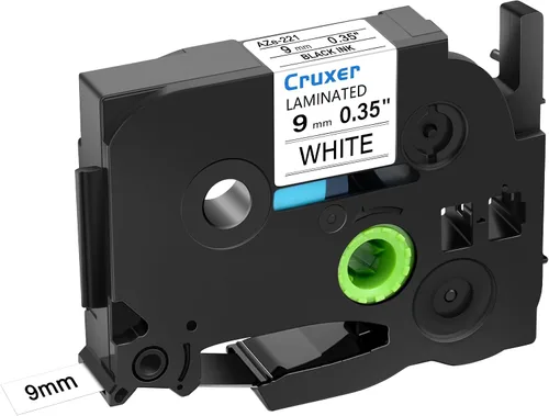 Cruxer Paquete de 1 cinta de etiquetas de repuesto para P-Touch TZe-221 TZ-221, texto negro sobre blanco, laminado de 0.354 in, 0.35 pulgadas,