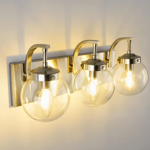 Miniatura 10 de Beionxii BX-VL03BG-3CG - Lámpara de tocador de baño de 3 luces de oro cepillado, modernas luces de tocador con pantalla de vidrio transparente