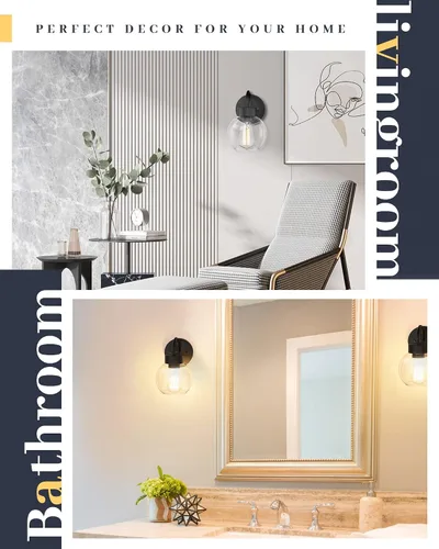 Miniatura 3 de EAPUDUN WLA1433-MBK - Lámpara de baño de 1 luz negra mate sobre espejo, luces de tocador con 1 globo de vidrio transparente, apliques de pared