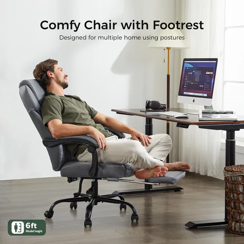 Miniatura 7 de amseatec Silla de oficina grande y alta con reposapiés, silla ergonómica de cuero con respaldo alto, bloqueo infinito reclinable de 90° a 135°, 20