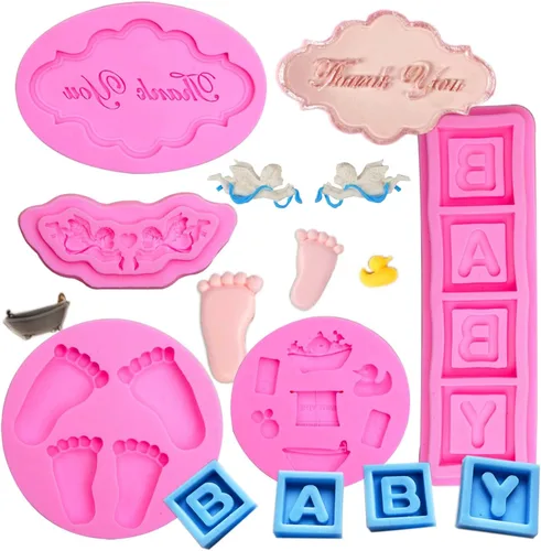 Moldes de fondant para baby shower (paquete de 5), lindo chocolate de silicona, moldes para pies, molde de decoración de ropa para fiesta temática