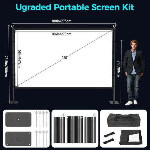 Miniatura 8 de Pantalla de proyector para exteriores con respaldo negro, pantalla de proyección portátil de 120 pulgadas con soporte, pantalla de película opaca