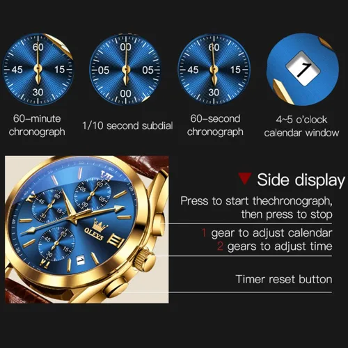 Miniatura 6 de OLEVS Reloj cronógrafo de cuarzo para hombre correa de cuero dorada con fecha de día reloj de pulsera de acero inoxidable impermeable relojes
