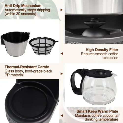 Miniatura 6 de Cafetera de goteo de 5 tazas de café antigoteo de un solo toque con jarra de filtro reutilizable, para mantener el calor, cuchara, cafetera