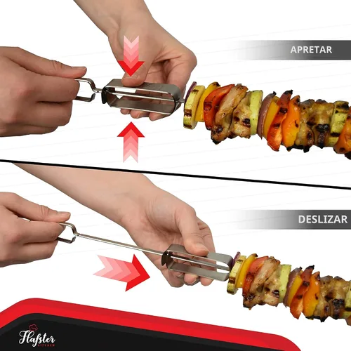 Miniatura 2 de FLAFSTER KITCHEN - Brochetas de barbacoa para asar – Palos de Kebab planos de acero inoxidable de 16 pulgadas con barra de empuje, brochetas