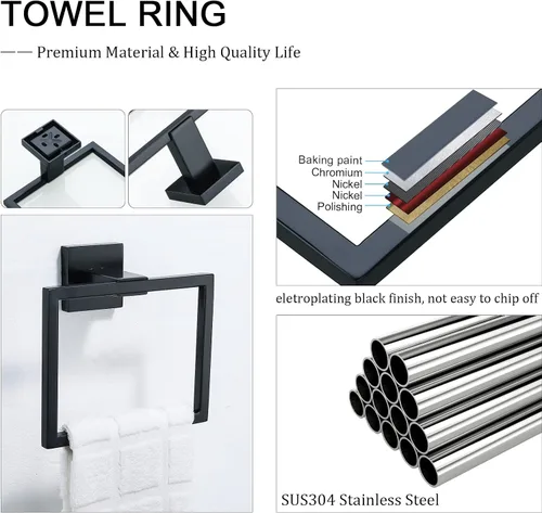 Miniatura 5 de TQKAG Toallero negro mate para toallas de baño, soporte para toallas de mano de acero inoxidable, perchas cuadradas para toallas montadas en la pared