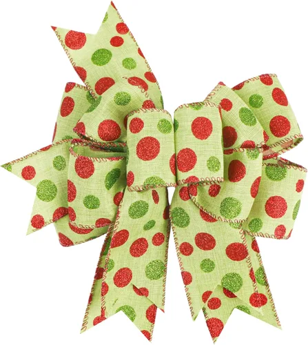 SIMISI RIBBON Lazo de Navidad Verde Rojo con Puntos, Lazo Rústico de Arpillera para Corona, Árbol de Navidad, Decoración de Fiestas (24.1 x 33 cm)