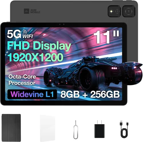 AGM Tablet Android 14 con pantalla IPS Full HD de 11 pulgadas, 8 (4+4) GB de RAM 256 GB ROM gran almacenamiento, 1920 x 1200, MTK G91, Widevine L1,