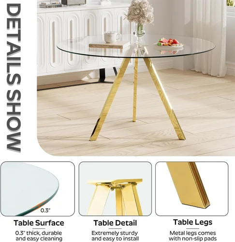 Miniatura 4 de Juego de mesa de comedor circular de vidrio de 39 pulgadas para 4, mesa de comedor redonda pequeña y 4 sillas tapizadas, moderno juego de mesa