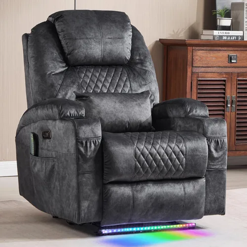 Miniatura 12 de Silla reclinable eléctrica con calor y masaje para adultos, asiento de cine en casa con luces LED, portavasos, bolsillo lateral, puerto USB, sofá