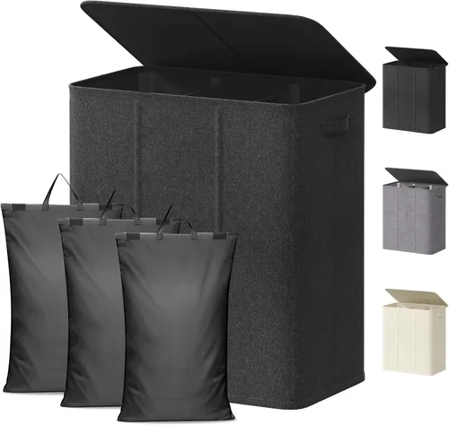 Miniatura 9 de Lifewit Cesta de lavandería doble con tapa y bolsas de lavandería extraíbles, gran plegable, 2 divisores, cesta de ropa sucia con asas para Negro