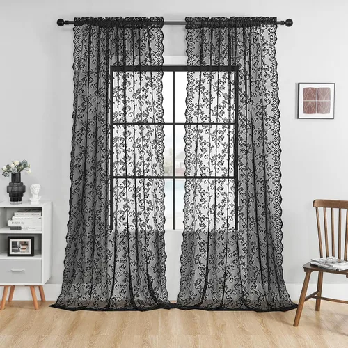 Miniatura 10 de Cortinas de encaje transparentes FOLKSIDE de 72 pulgadas de largo, juego de 2 cortinas florales victorianas de paisley para sala de estar, recámara
