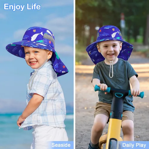 Miniatura 100 de Sombrero de sol para niños, protección UV, unicornio, verano, playa, jugar con ala ancha, solapa para el cuello para niñas y niños