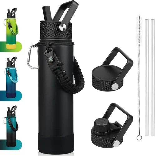 Miniatura 33 de BJPKPK - Botella de agua con tapa de popote, botellas de agua aisladas de 18 onzas con 3 tapas, asa de cuerda de paracaídas y base antideslizante