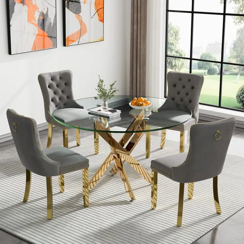 Miniatura 15 de Juego de mesa de comedor de vidrio de 47.24 pulgadas para 6, juego de mesa redonda dorada de 7 piezas con 6 sillas tapizadas de terciopelo, mesa