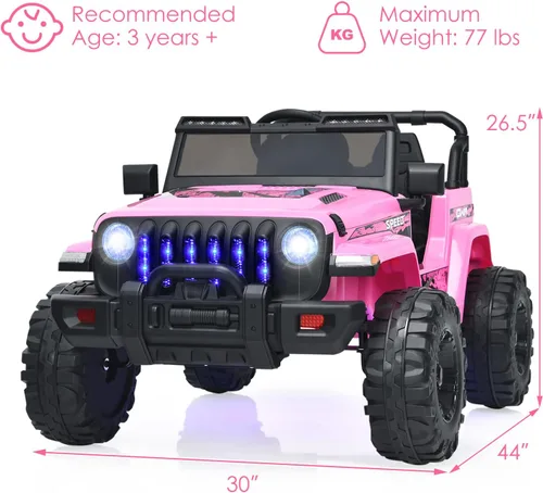 Miniatura 7 de OLAKIDS Camión de paseo para niños, vehículo eléctrico de 12 V con control remoto, automóvil para niños pequeños a batería con música, bocina, 3 Rosa