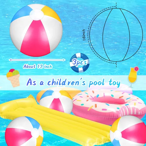 Miniatura 2 de Tatuo Pelotas de playa inflables de 12 pulgadas, 3 unidades, pelota de playa para piscina, pelotas flotantes para actividades al aire libre