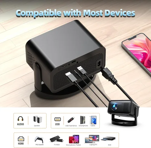 Miniatura 8 de Proyector con WiFi y Bluetooth, proyector portátil de película 4K, soporte HD 1080P, soporte ajustable de 360°, enfoque eléctrico y corrección