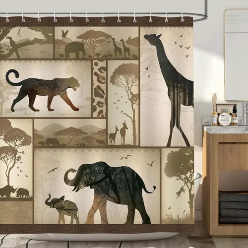 Bonhause Cortina de ducha de safari africano con animales, cortina de baño rústica de vida silvestre de la sabana con elefantes, jirafas y