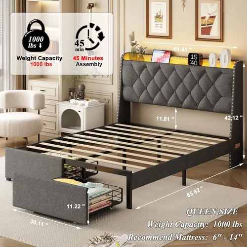 Miniatura 2 de Base de cama tamaño queen con cabecera de almacenamiento y 2 cajones, base de cama tapizada de lino con luces LED y estación de carga, no necesita