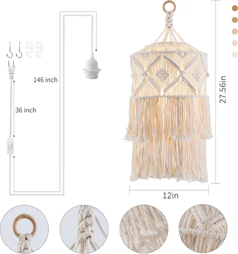 Miniatura 4 de Lámpara colgante bohemia enchufable, lámpara colgante con cable de enchufe, lámpara colgante con pantalla de macramé hecha a mano, accesorios de luz